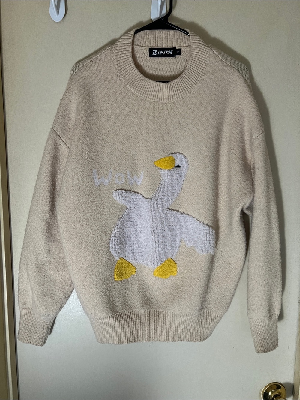 Aelfric Eden Cream Crewneck Sweater with White Goose Graphic and Yellow Accents